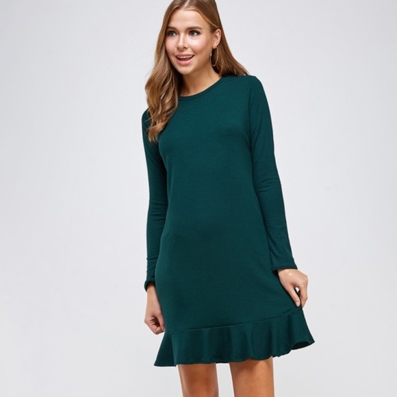 Hunter green ribbed ruffle hem dress - Picture 5 of 6